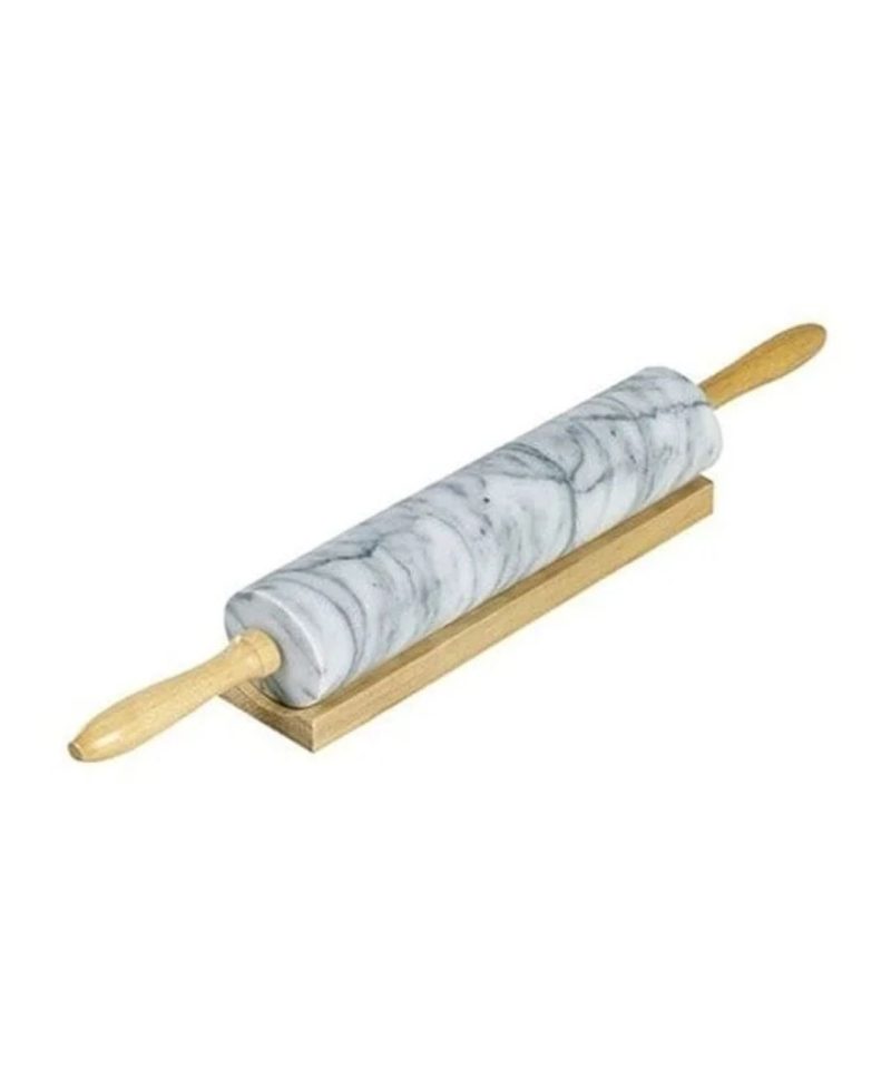 Palo de amasar de mármol con base y manijas de madera